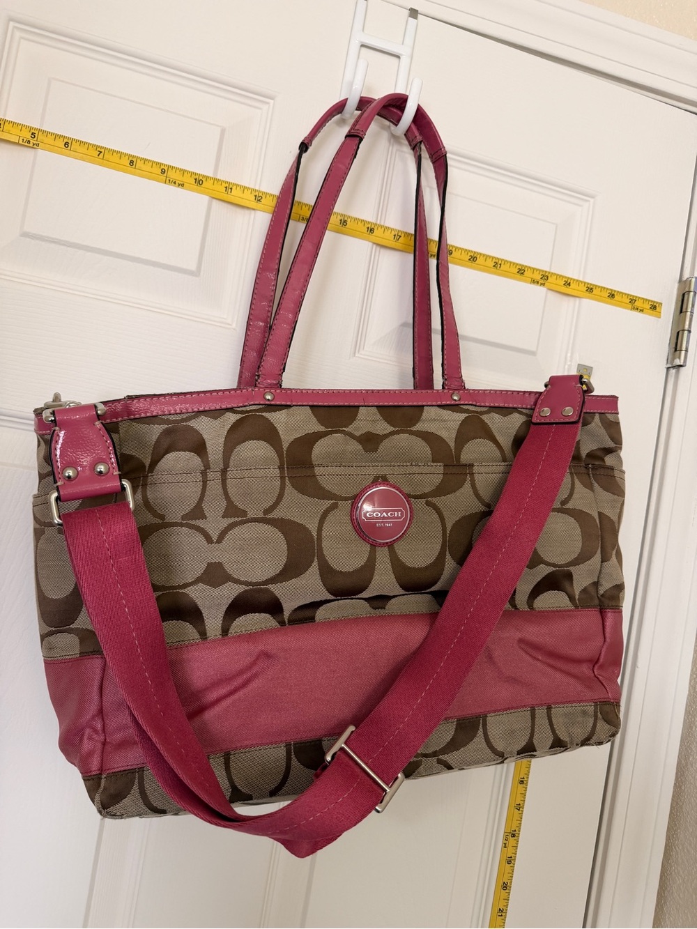 Coach Brown Signature Diaper Bag Hot Pink, Classic Beige